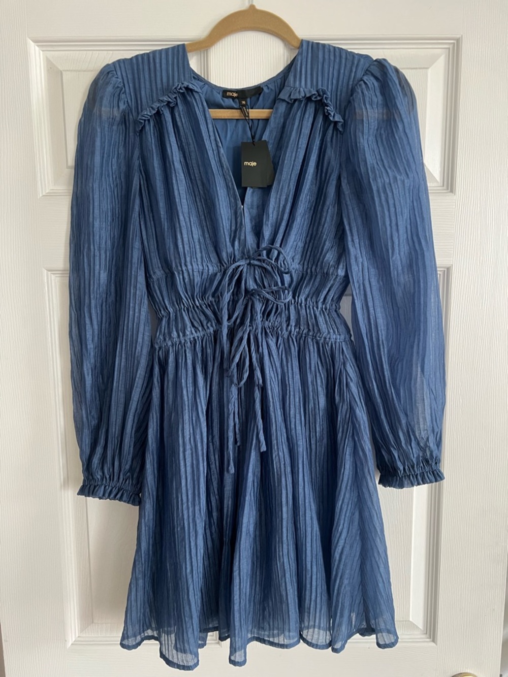 NWT Maje Dress — Riala Voile Dress in Blue, Long sleeve blue dress with skirt, S - Picture 8 of 16